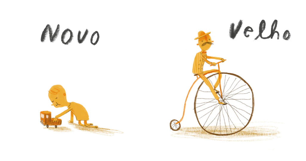 interior do Livro infantil que explora os opostos "Aqui Estamos Nós - Livro dos Opostos"