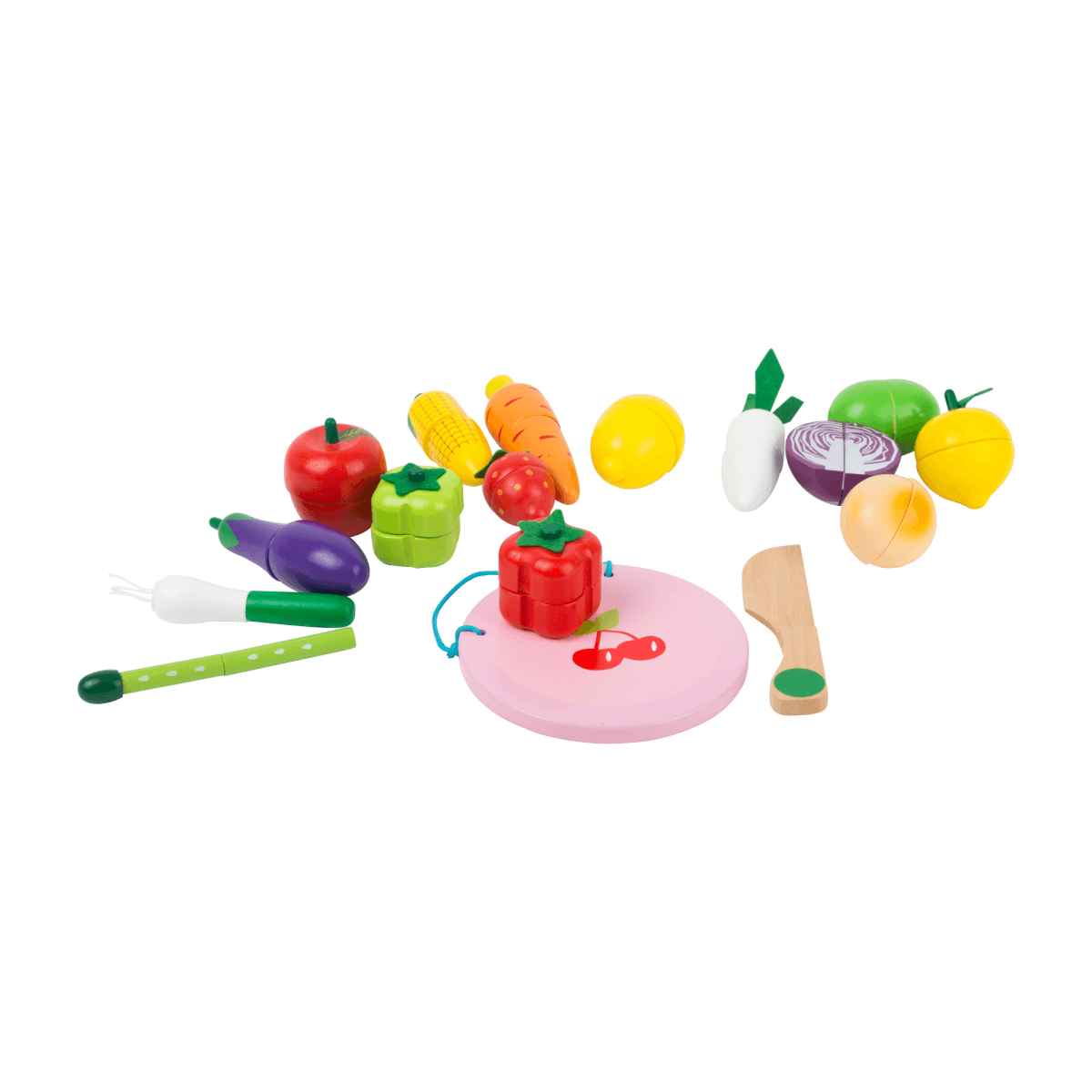 Conjunto de frutas e vegetais cortáveis