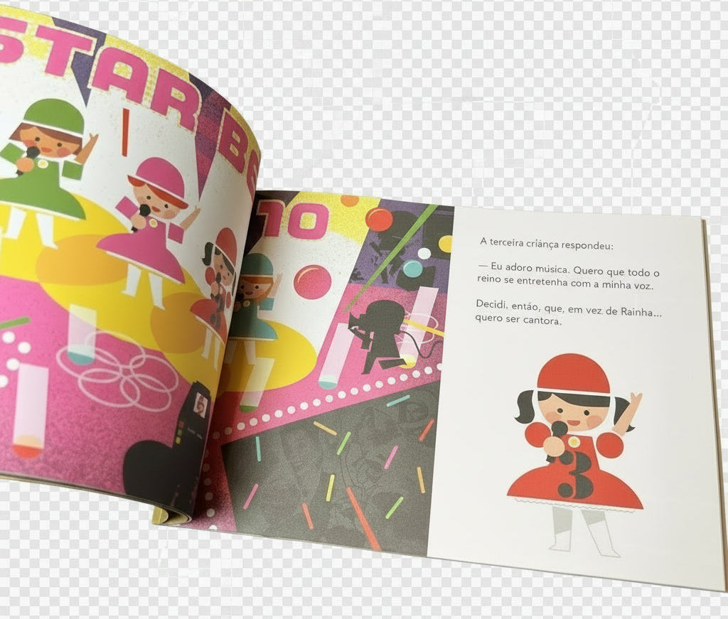 interior do livro infantil sobre família e identidade "Os Filhos do Rei Pequenino e da Grande Rainha"