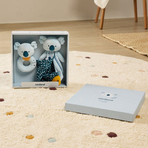 kit de presente para bebé da Miniland com Doudou e Chocalho com tema Coala