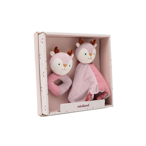 caixa do kit de presente Veado da Miniland com Doudou/Naninha e Chocalho para Bebé