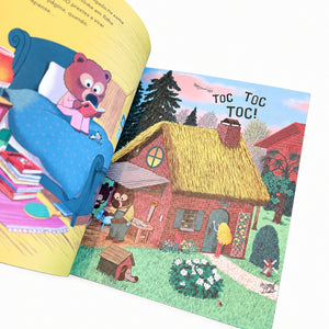 interior do livro "Papas de Aveia, por Favor!" de Laura Muchasobre o prazer de ler, a resolução de problemas e uma inesperada visita do Lobo Mau.