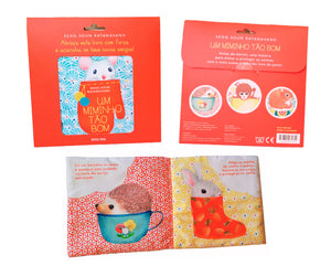 packaging e livro de tecido para bebés "um miminho tão bom"