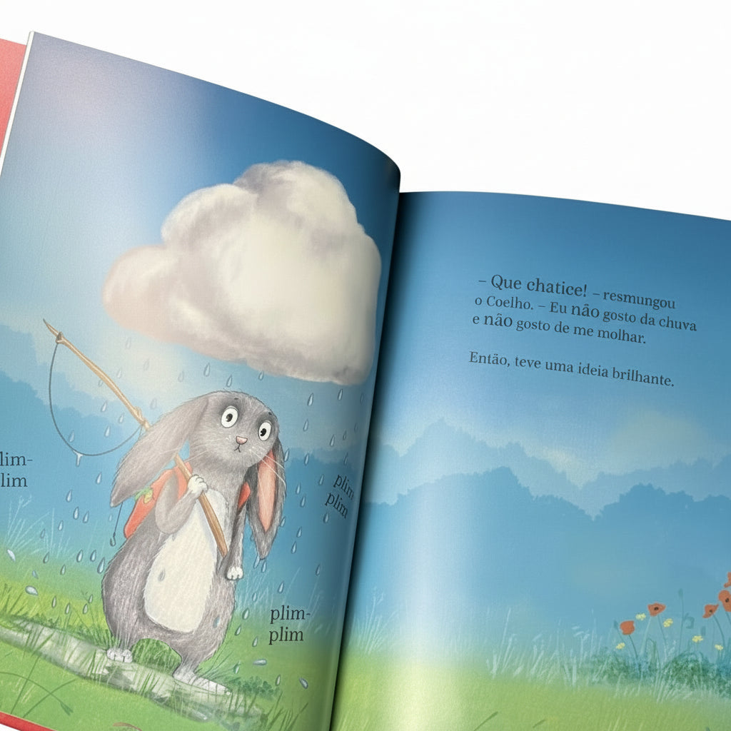 interior do livro infantil sobre frustração "O coelho, a nuvem e o dia de chuva"