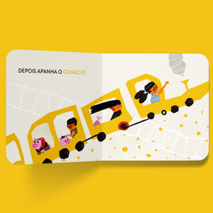 exemplo de duas páginas do livro infantil "Sobre rodas" - sobre veículos com rodas