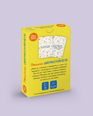 Verso da Caixa do Jogo para Conversar e Partilhar Ideias/Opiniões "Perguntas Improváveis" da The Happy Gang