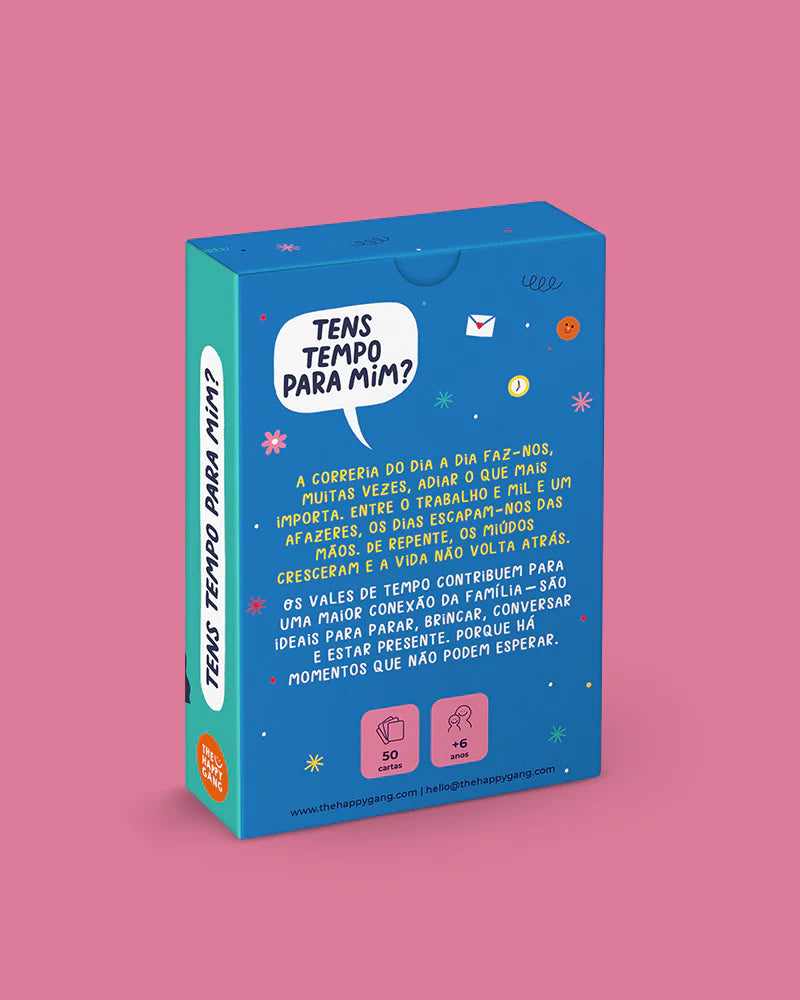 verso da Caixa do "Jogo" para Valorizar Tempo em Família "Tens Tempo para Mim?" da The Happy Gang