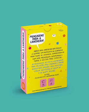 verso da caixa com Cartões com Frases Motivacionais para Crianças "Mensagens para a Lancheira" da The Happy Gang