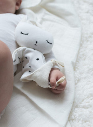 pormenor da Naninha Orgânica em forma de Coelho com Padrão de Estrelinhas