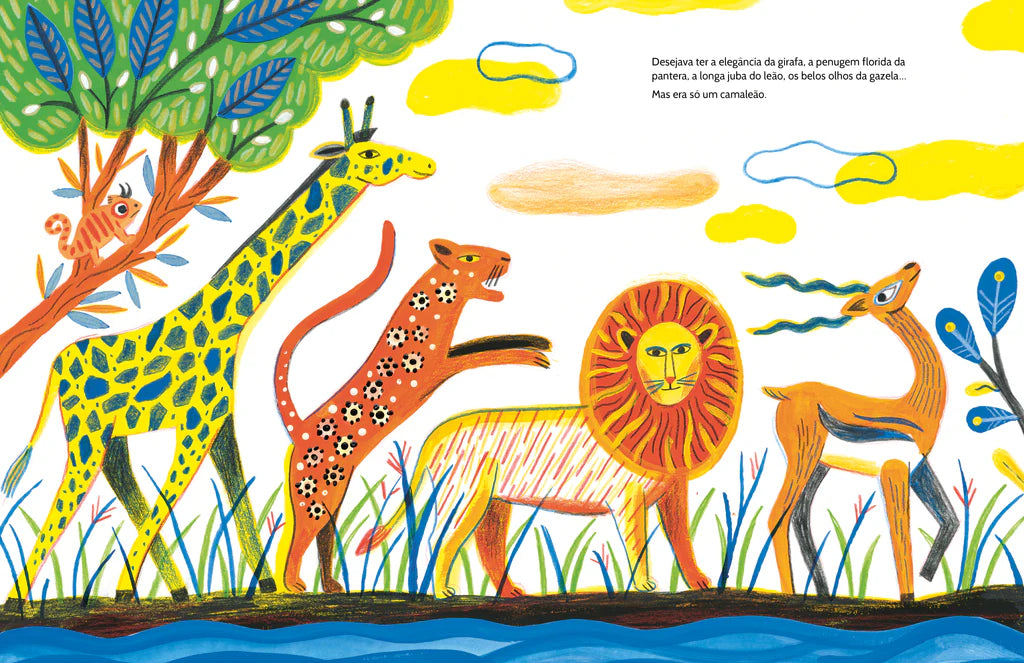 interior do livro infantil sobre autoestima e aceitação "O Camaleão que se achava feio" 