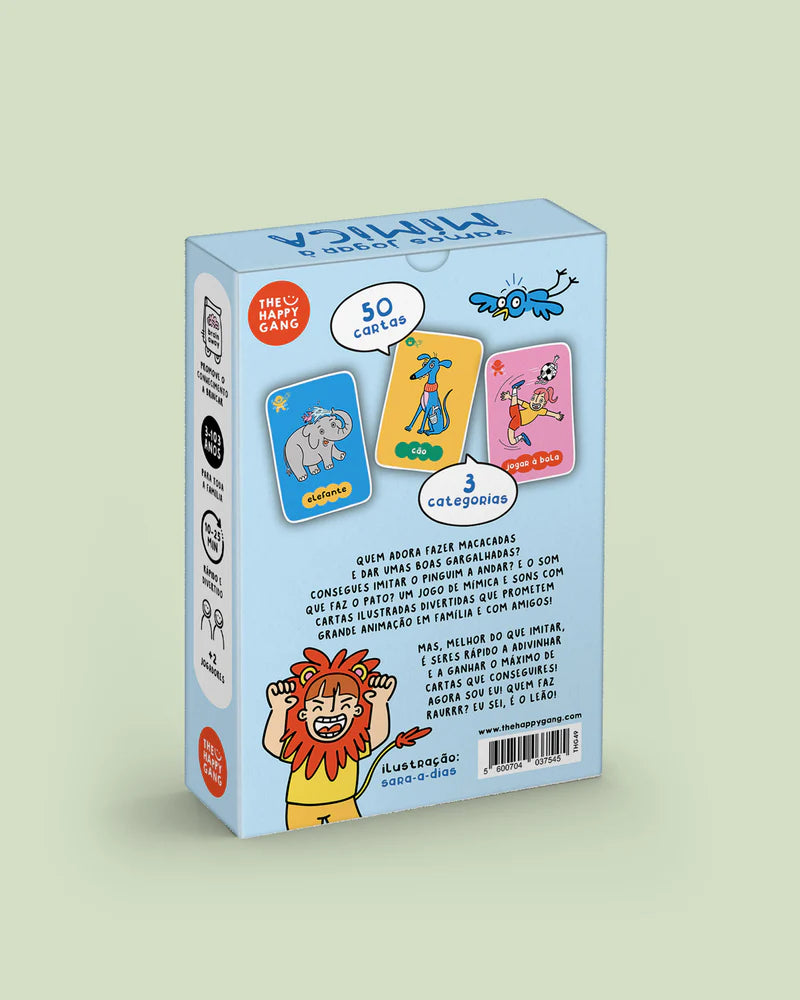 verso da caixa do Jogo de mímica para a família "vamos jogar à mímica" da The Happy Gang