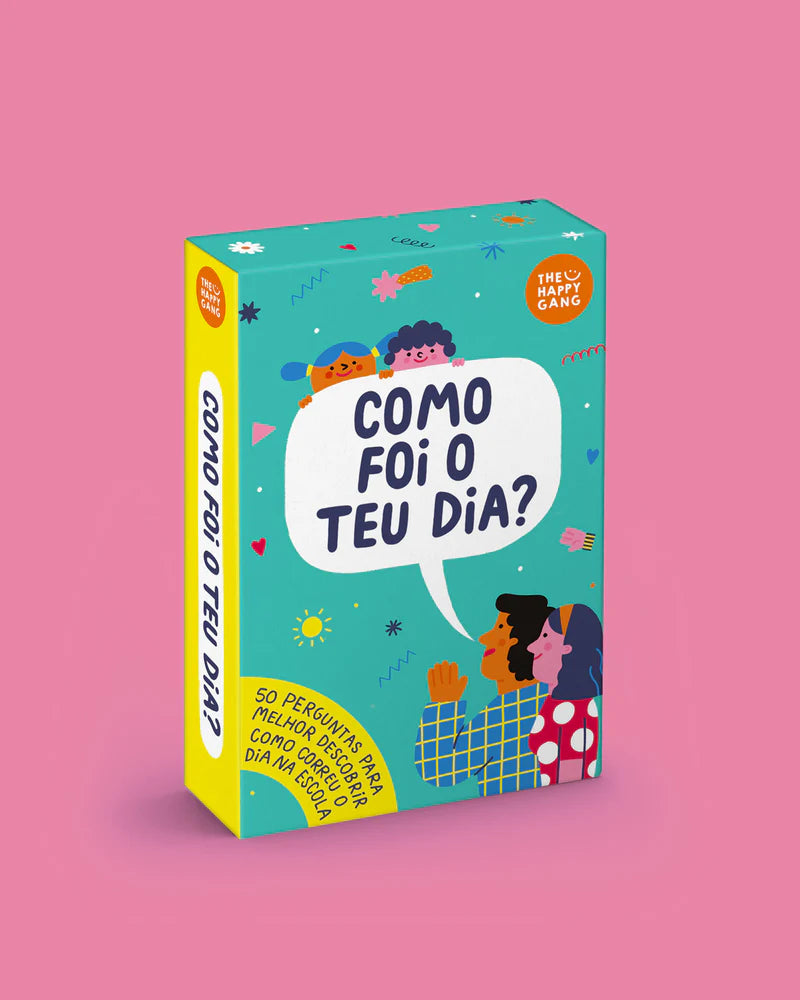 Caixa com Cartões desbloqueadores de conversa com crianças "Como Foi o Teu Dia?" da The Happy Gang