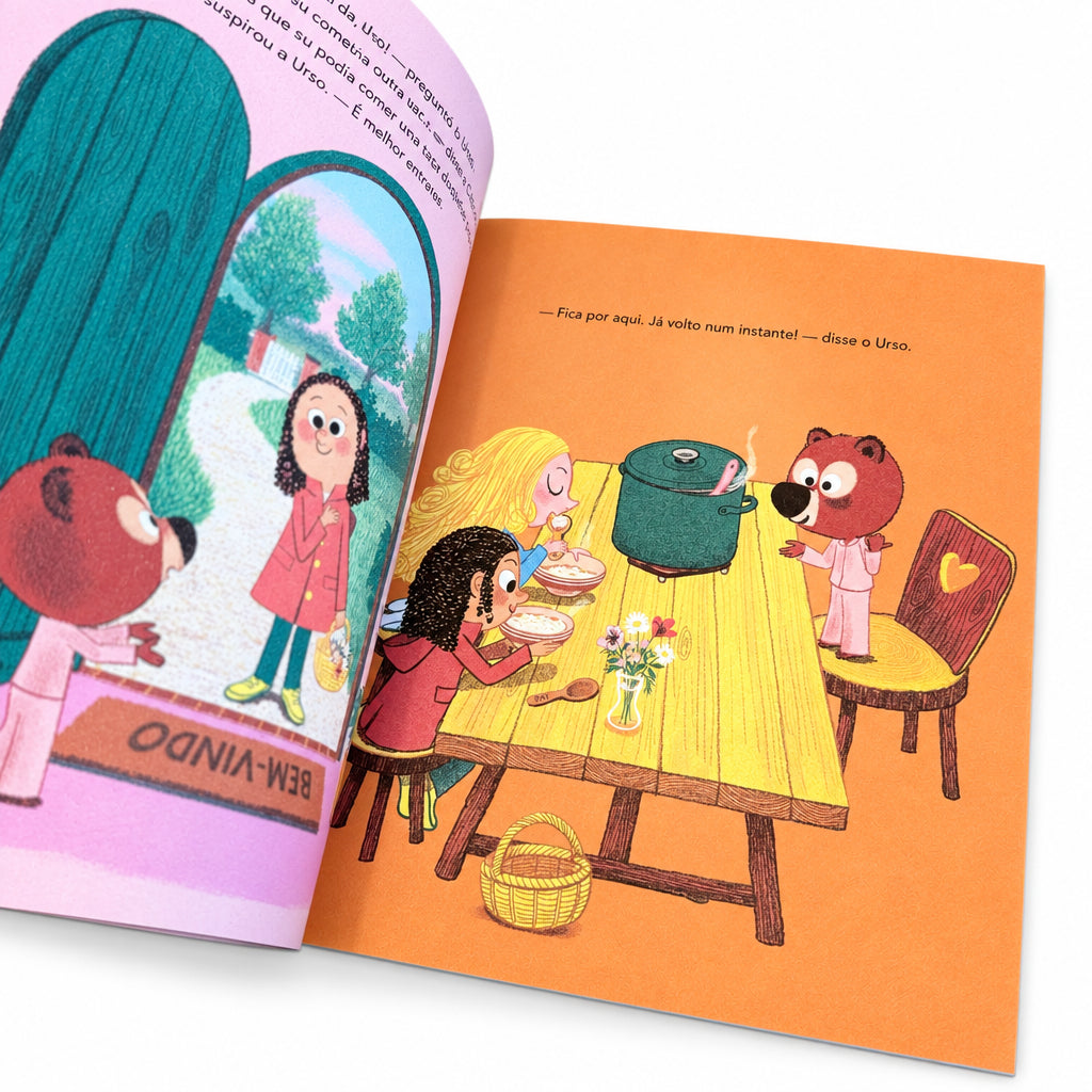 interior do livro "Papas de Aveia, por Favor!" sobre o prazer de ler, a resolução de problemas e uma inesperada visita do Lobo Mau.