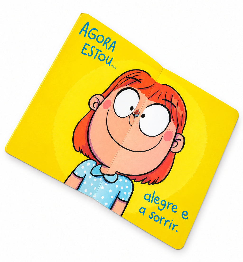 página do livro infantil "Agora Estou..." que fala sobre emoções e sentimentos