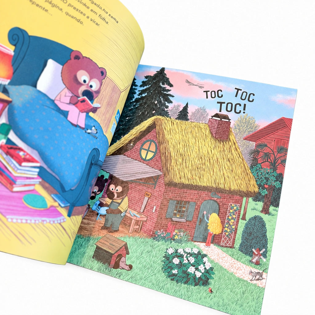 interior do livro "Papas de Aveia, por Favor!" de Laura Muchasobre o prazer de ler, a resolução de problemas e uma inesperada visita do Lobo Mau.