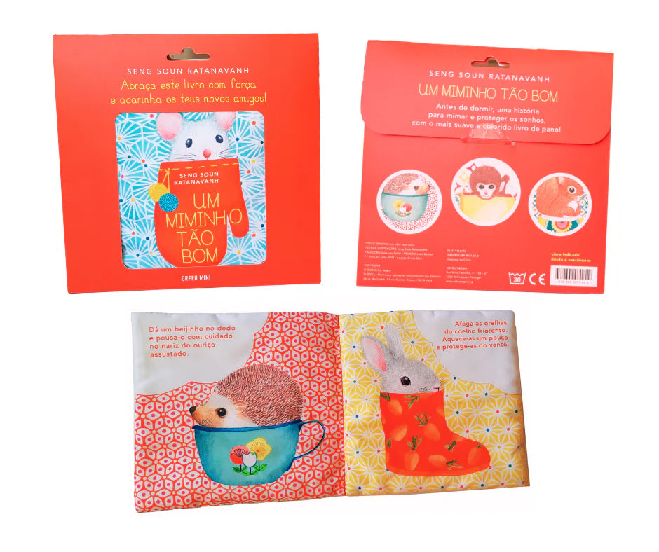 packaging e livro de tecido para bebés "um miminho tão bom"
