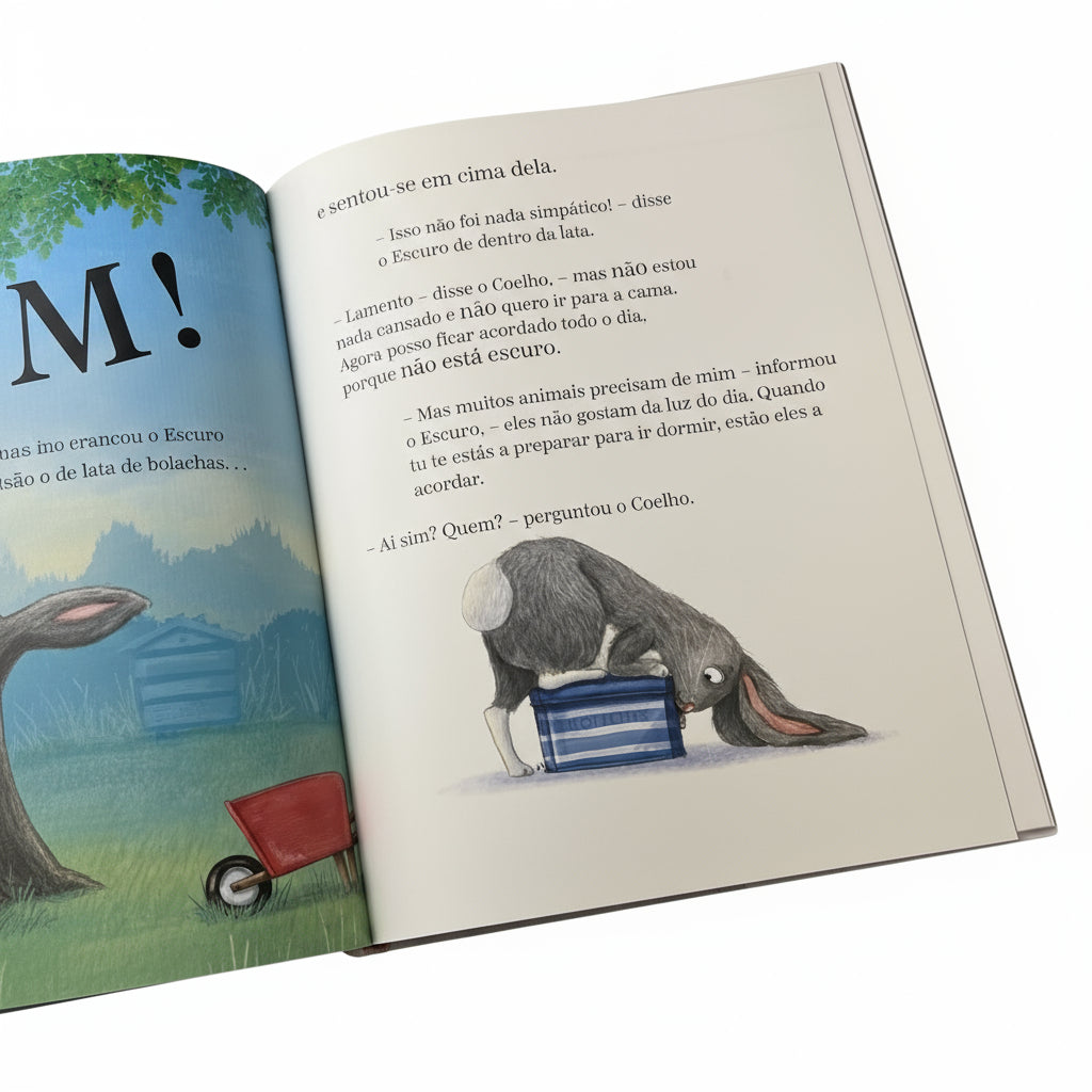 Exemplo do interior do livro "O Coelho, o escuro e a lata de bolachas"