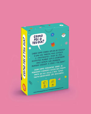verso da caixa com Cartões desbloqueadores de conversa com crianças "Como Foi o Teu Dia?" da The Happy Gang