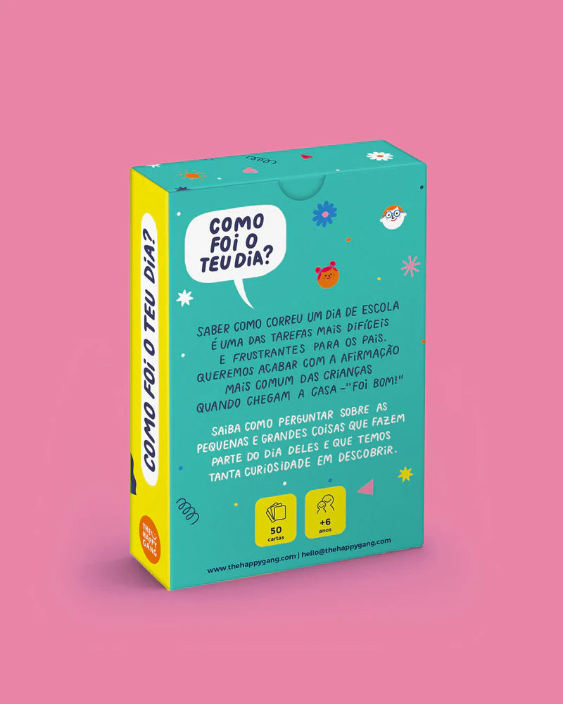 verso da caixa com Cartões desbloqueadores de conversa com crianças "Como Foi o Teu Dia?" da The Happy Gang