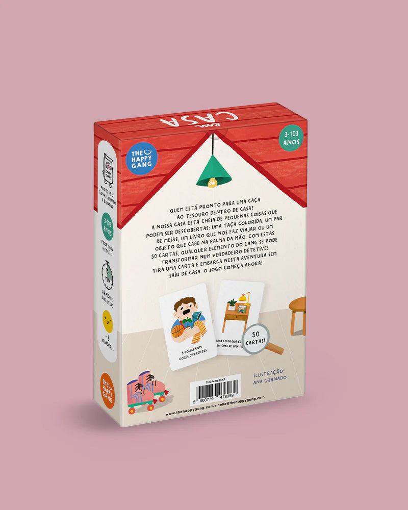 Verso da Caixa do jogo de Caça ao Tesouro Procura e Encontra em Casa da The Happy Gang