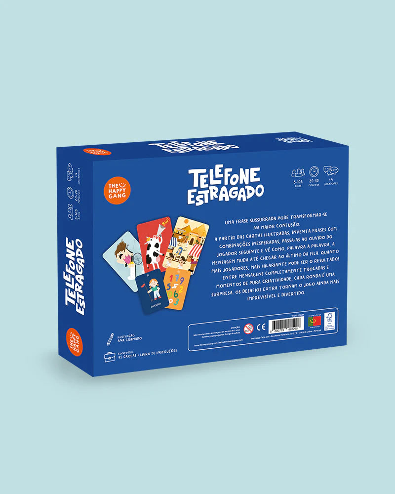 verso da caixa do Jogo do Telefone Estragado da The Happy Gang que estimula a Concentração e Criatividade